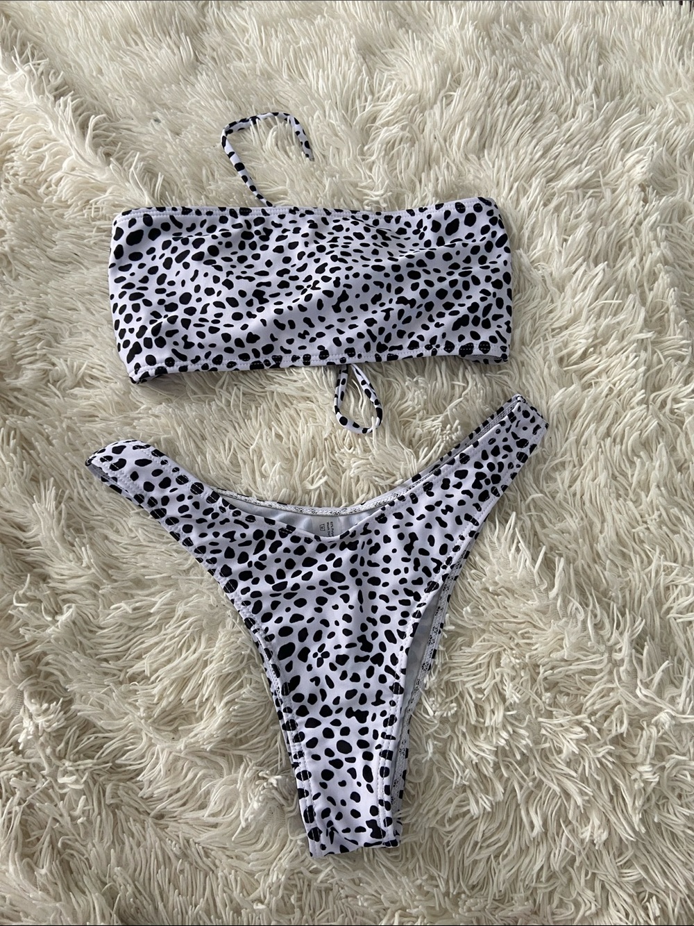 SHEIN White and Black Dalmatian Print Bandeau Bikini